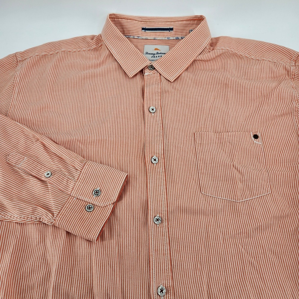 Tommy Bahama Jeans Mens XXL Orange White Striped Tencel Cotton Button Down Shirt